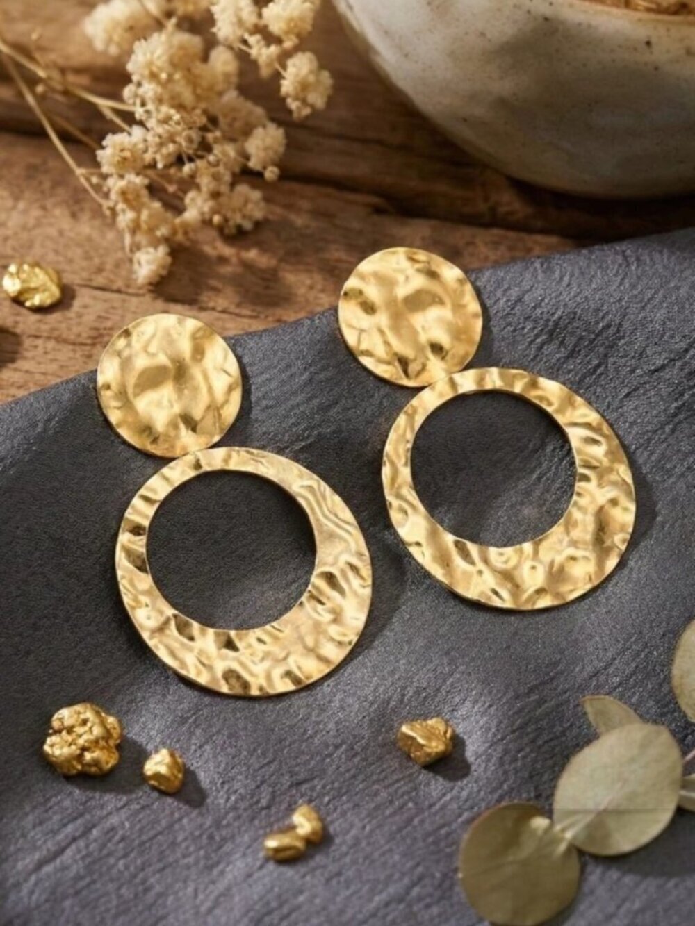 18K Gold Plated Hammered Disc Statement Drop Earrings Boho Chic Stainless Steel